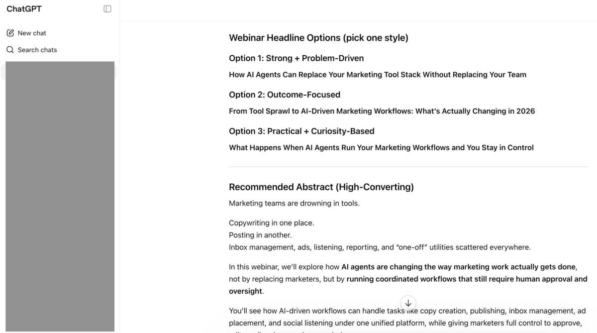 ChatGPT generating webinar headline variations and a draft abstract for marketing copy