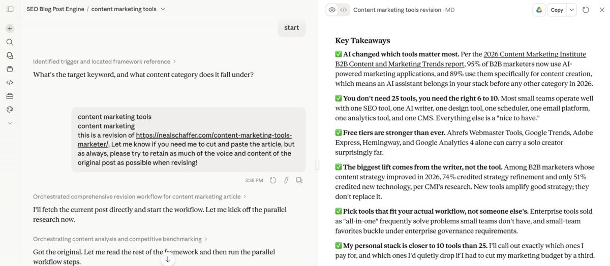 Claude running a multi-step blog post revision workflow with the SEO Blog Post Engine project, showing conversational input on the left and the structured Key Takeaways output on the right.