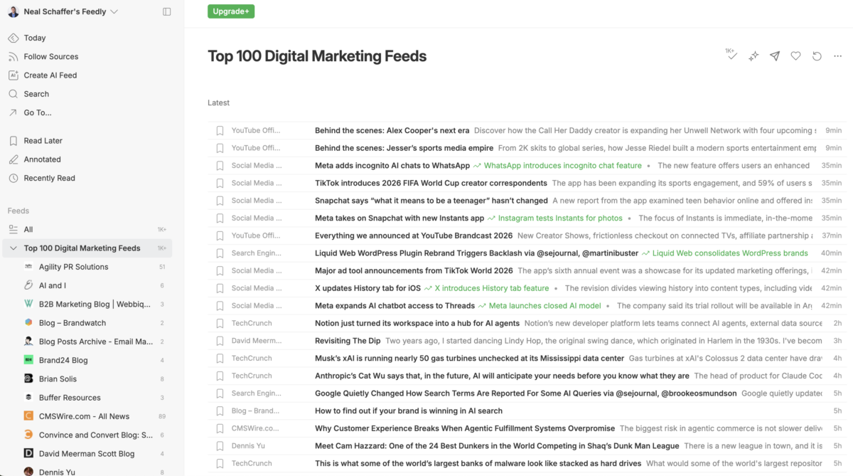 Feedly RSS reader interface showing the "Top 100 Digital Marketing Feeds" board with current marketing industry headlines from TikTok, YouTube, Meta, TechCrunch, and other digital marketing sources