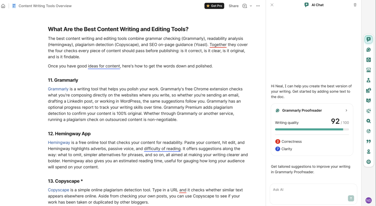 Grammarly Proofreader panel showing a Writing Quality score of 92 out of 100 for the Content Writing Tools Overview document, with 2 correctness issues and 7 clarity issues flagged across approximately 5,000 words of draft content