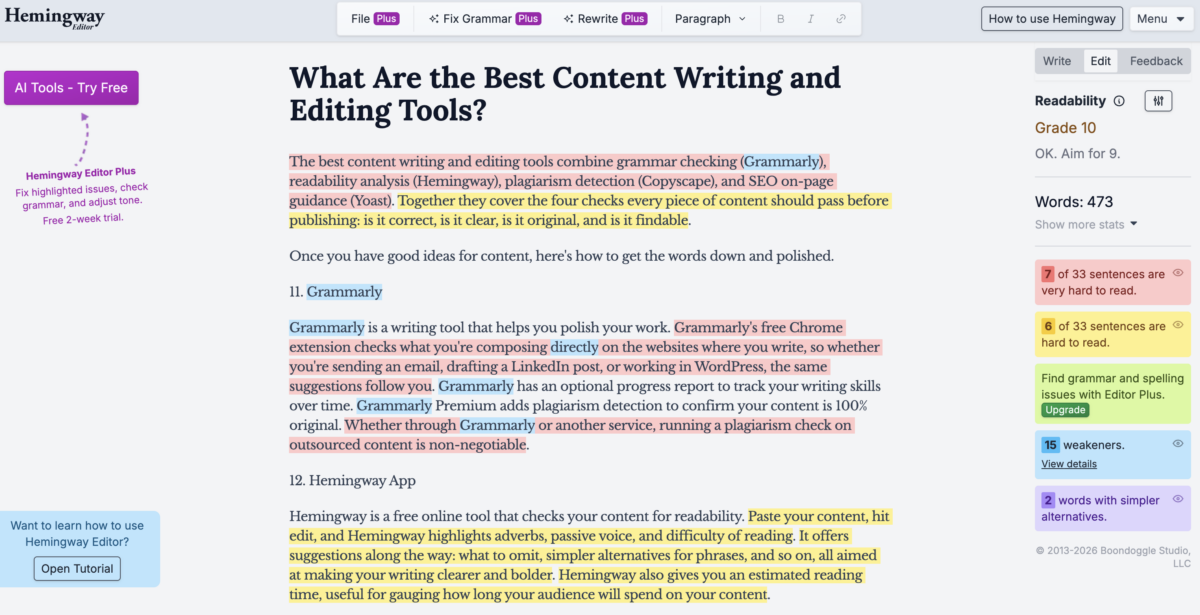 Hemingway Editor analyzing approximately 473 words of the Content Writing Tools section, showing a Grade 10 readability score with multiple sentences highlighted in red and yellow for difficulty, plus green highlights for passive voice and blue highlights for weakener words