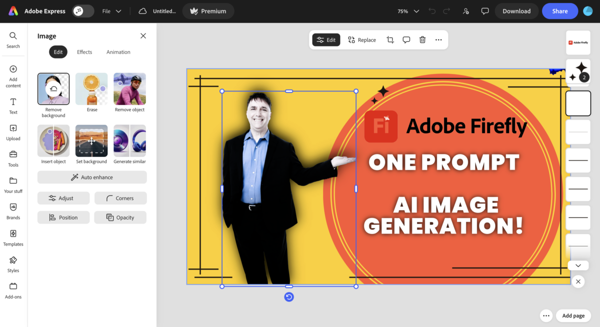 Adobe Express editing interface showing a marketing graphic in progress with the headline Adobe Firefly One Prompt AI Image Generation, featuring a background-removed photo of Neal Schaffer, with the AI editing tools panel visible on the left side and a multi-page workspace panel visible on the right