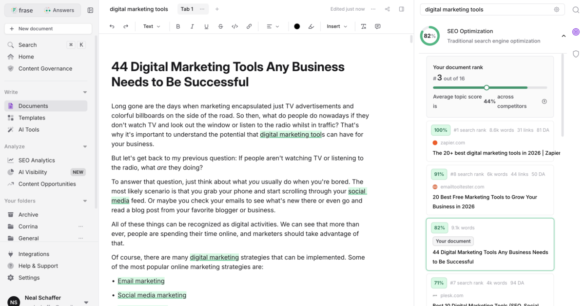 Frase content optimization editor showing a draft titled 44 Digital Marketing Tools Any Business Needs to Be Successful with an SEO Optimization score of 82 percent and a document rank of 3 out of 16, with the competing pages list on the right showing Zapier at 100 percent, emailtooltester at 91 percent, and plesk at 71 percent for the target keyword "digital marketing tools"
