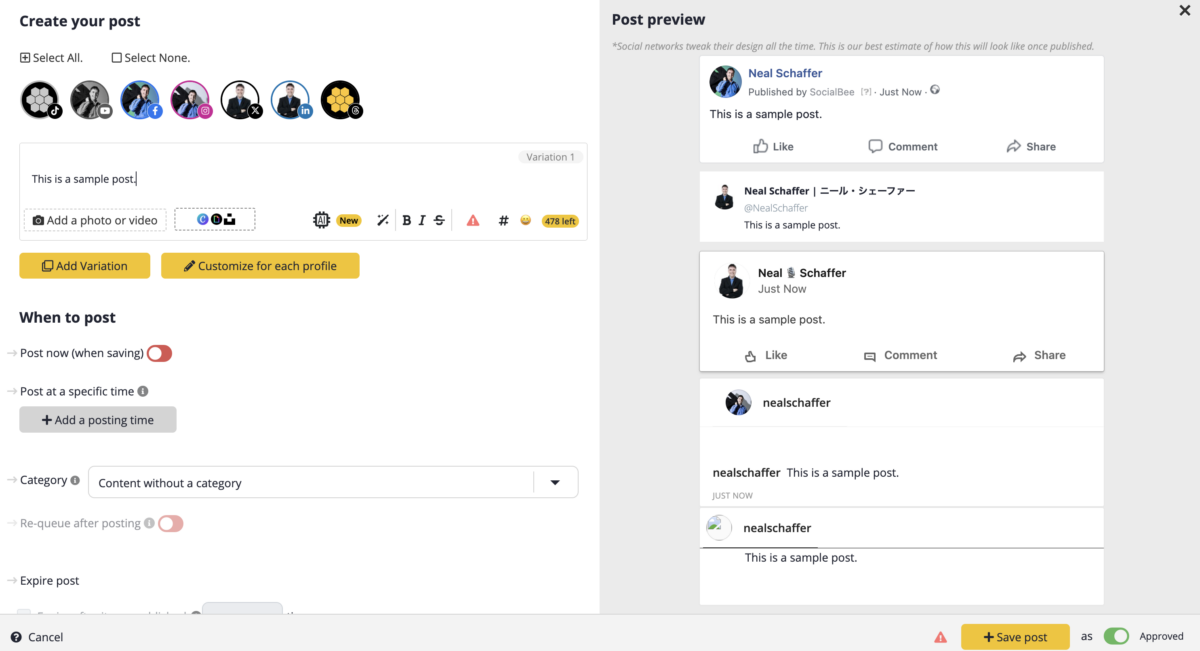 SocialBee post composer with seven connected social accounts including TikTok, YouTube, Facebook, Instagram, X/Twitter, LinkedIn, and Threads, showing a single post being prepared with platform-specific previews on the right and category-based scheduling controls including Re-queue after posting on the left