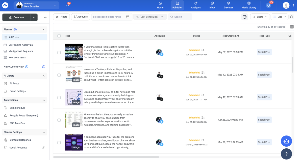 ContentStudio Planner showing 191 scheduled social media posts in the Neal Schaffer workspace, with post previews covering Fractional CMO content, Twitter polls, X platform analysis, agency case studies, and YouTube strategy, scheduled across Facebook and X/Twitter accounts with future publish dates throughout May and June 2026