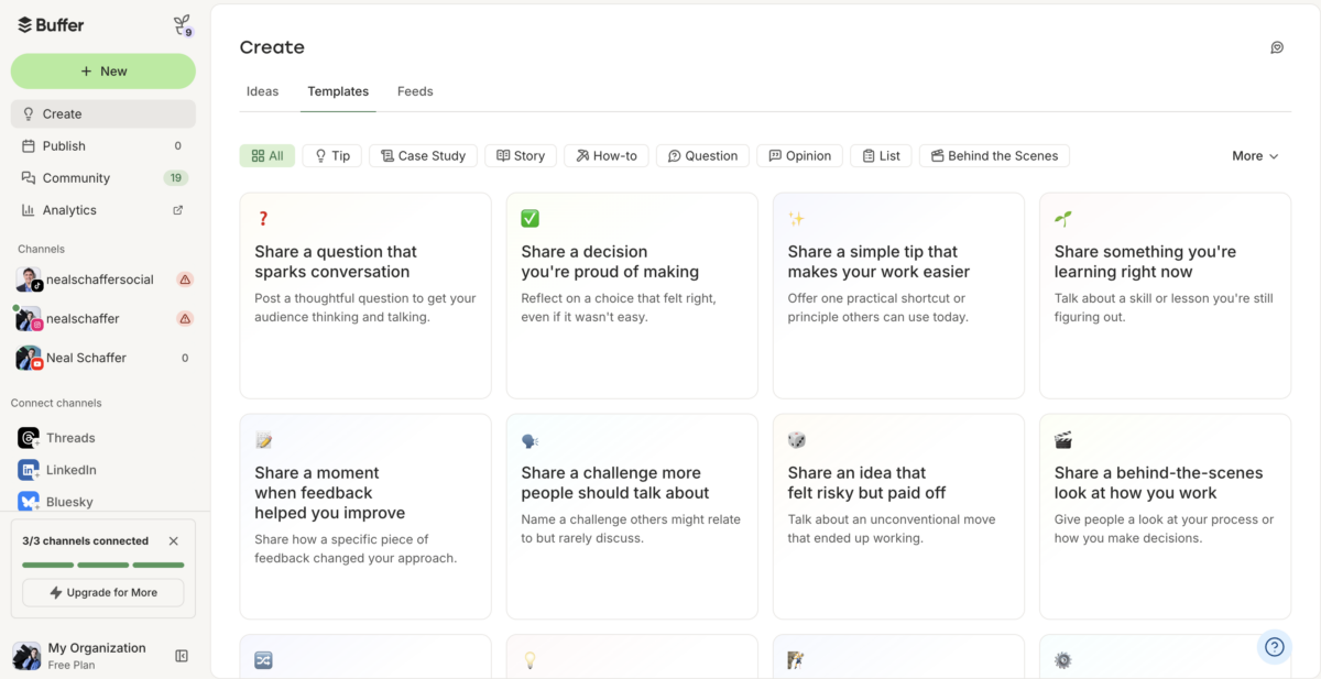 Buffer Create interface on a Free Plan account showing the Templates tab with content prompts including Share a question that sparks conversation, Share a decision you're proud of making, Share a simple tip, and Share a behind-the-scenes look at how you work, with category filters for Tip, Case Study, Story, How-to, Question, Opinion, List, and Behind the Scenes