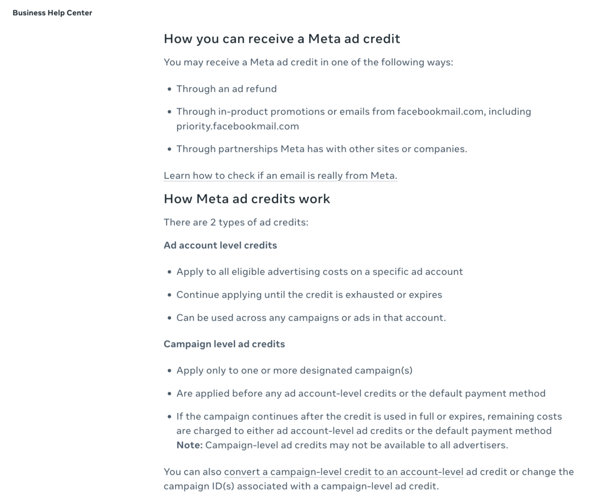 Meta Business Help Center documentation page titled "How you can receive a Meta ad credit," listing three official paths to receive credits (ad refunds, in-product promotions or emails from facebookmail.com, and Meta partnerships), followed by an explanation of the two ad credit types: ad account level credits and campaign level credits.