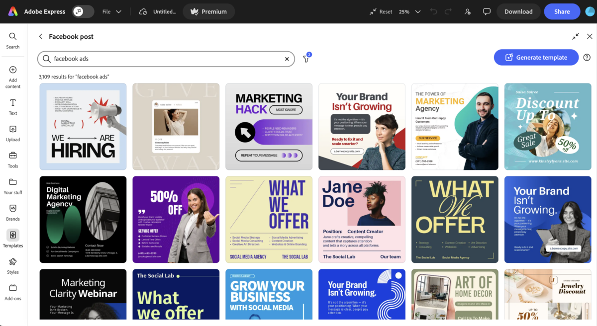 Adobe Express template gallery filtered to "facebook ads" showing 3,109 free template results, with the visible grid displaying Facebook-formatted ad designs across multiple use cases including agency service offers, retail discounts, hiring posts, brand campaigns, and giveaways, all available on the free tier of the platform.