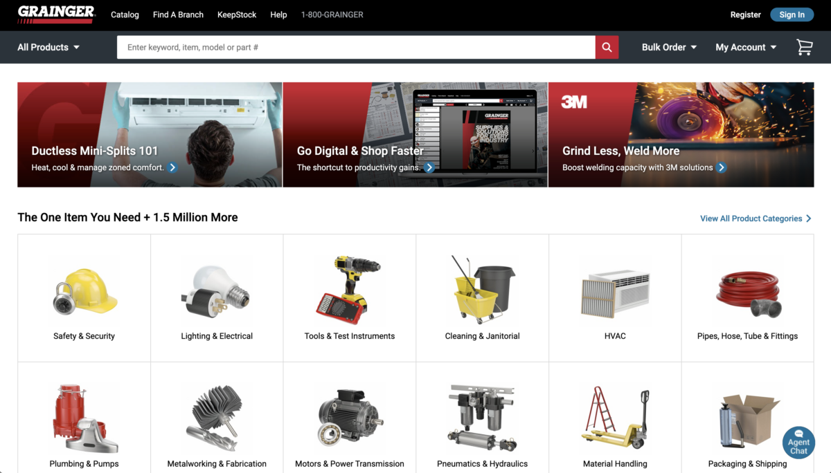 Grainger homepage with Sign In and Register buttons in the top-right and a 1.5 million product catalog grid below