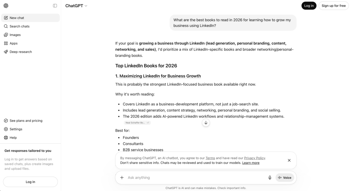 Logged-out ChatGPT answer recommending Maximizing LinkedIn for Business Growth by Neal Schaffer as the top book for growing a business on LinkedIn in 2026, citing Neal Schaffer's books site as a source.