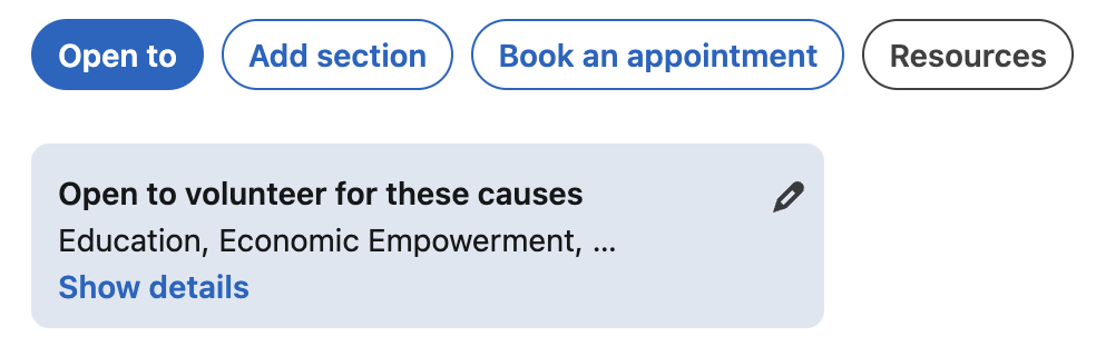 Screenshot of Neal Schaffer's LinkedIn profile showing the Open To button alongside an activated card reading open to volunteer for these causes, listing education and economic empowerment, with a Book an appointment custom button also visible.
