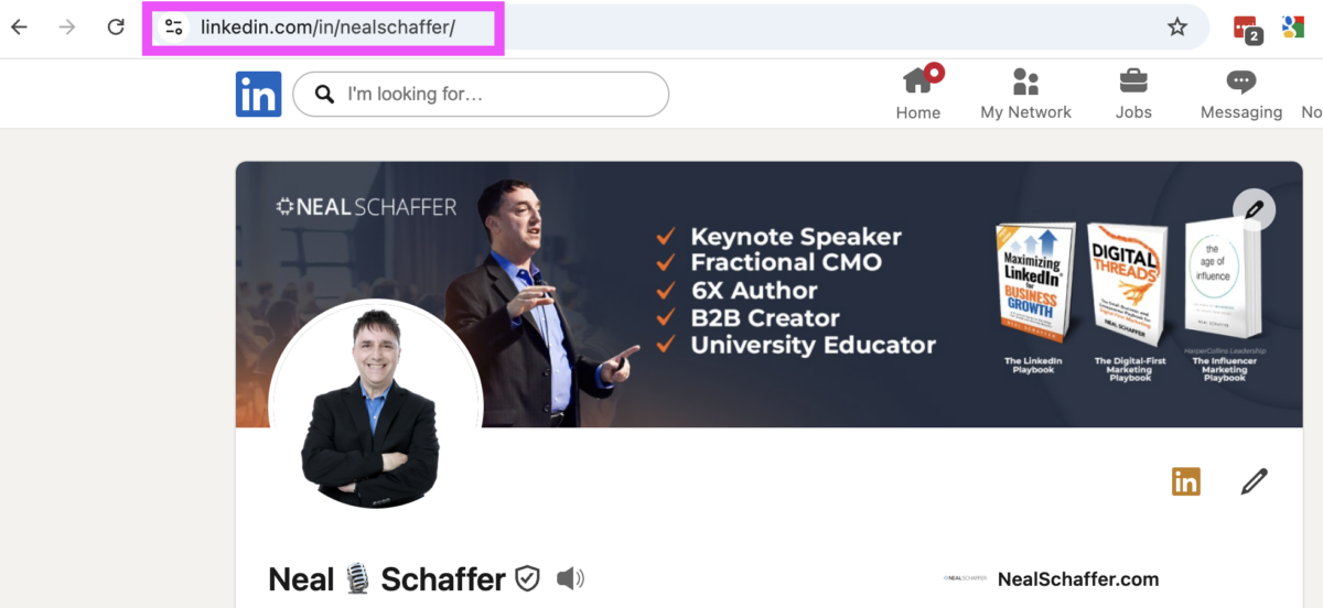 Screenshot of Neal Schaffer's LinkedIn profile with the browser address bar showing the custom URL linkedin.com/in/nealschaffer.