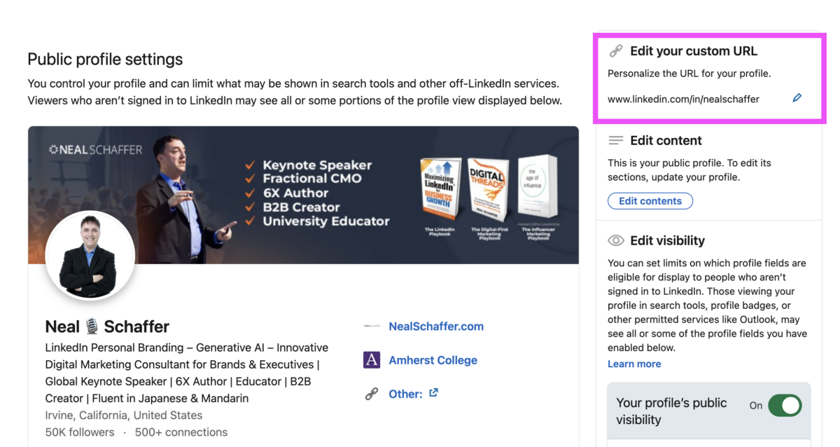Screenshot of LinkedIn's Public Profile Settings page with the Edit your custom URL box highlighted at the top right, showing the custom URL www.linkedin.com/in/nealschaffer.