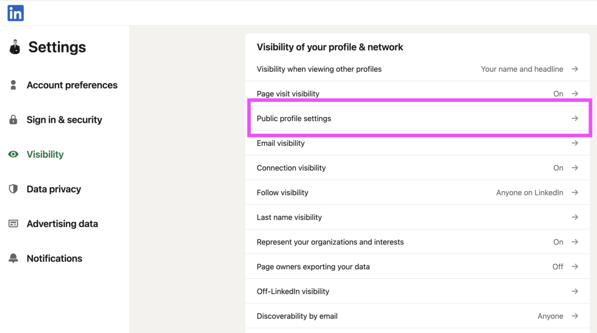 Screenshot of LinkedIn's Settings page with the Visibility section selected, showing the Public profile settings option highlighted.