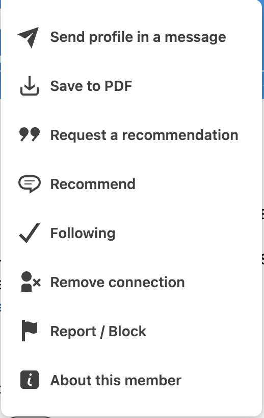 Screenshot of the More dropdown menu on a LinkedIn profile showing the Remove connection option.