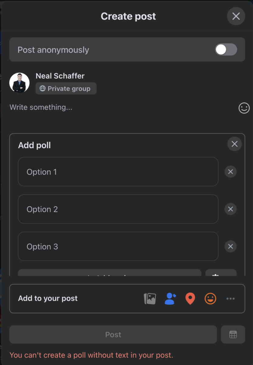 Creating a poll inside a Facebook Group on desktop, showing the poll question and answer-option fields.