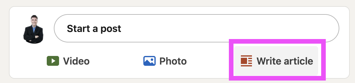 Clicking the Write article option in the LinkedIn share box to open the article editor