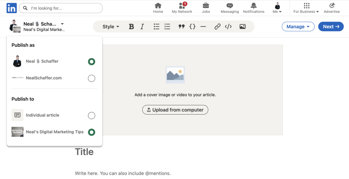 The LinkedIn article editor showing the cover image area, headline field, and body text area