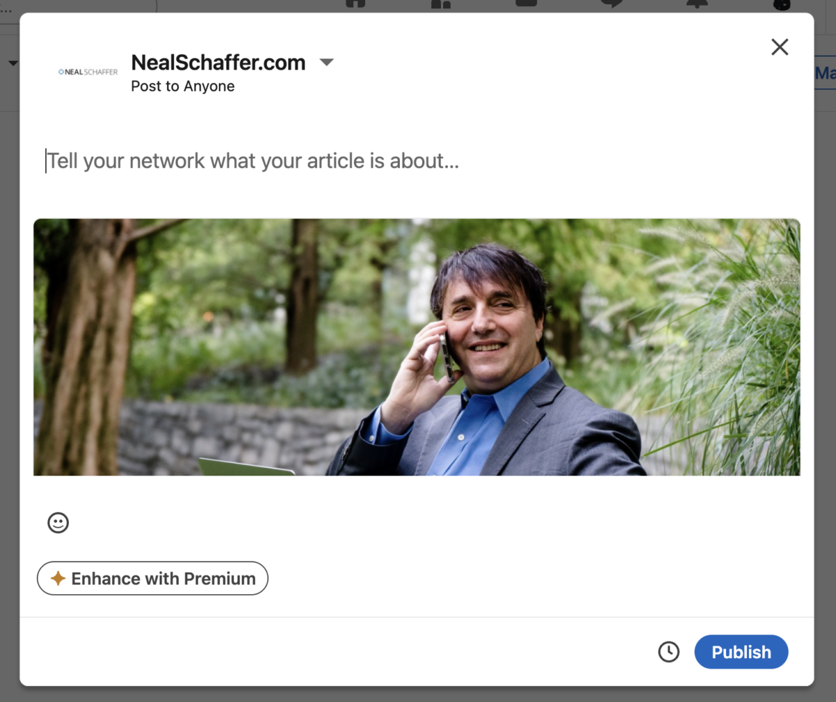Publishing a LinkedIn article as a Company Page, showing the note and schedule options before publishing