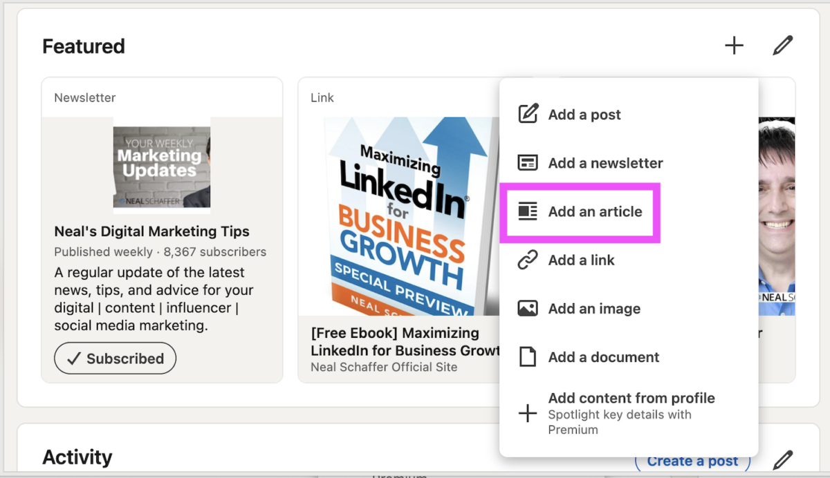 Adding a published article to the Featured section of a LinkedIn profile