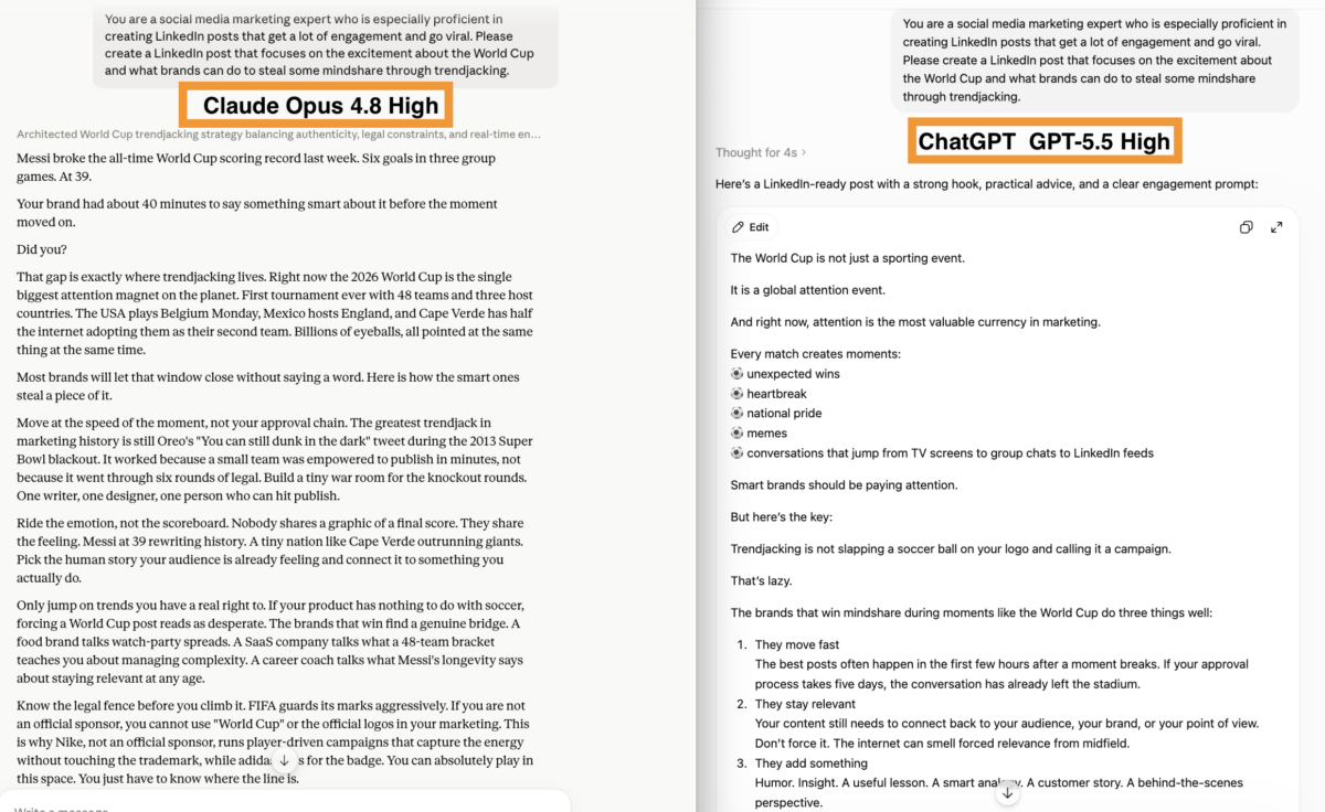 Side-by-side screenshot of Claude Opus 4.8 and ChatGPT GPT-5.5 answering the same LinkedIn World Cup trendjacking prompt, Claude on the left and ChatGPT on the right