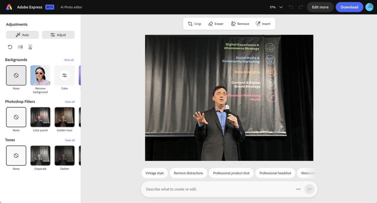 Adobe Express AI Photo editor interface showing background, filter, and tone editing tools alongside an AI prompt bar, applied to a photo of Neal Schaffer speaking on stage with a microphone.