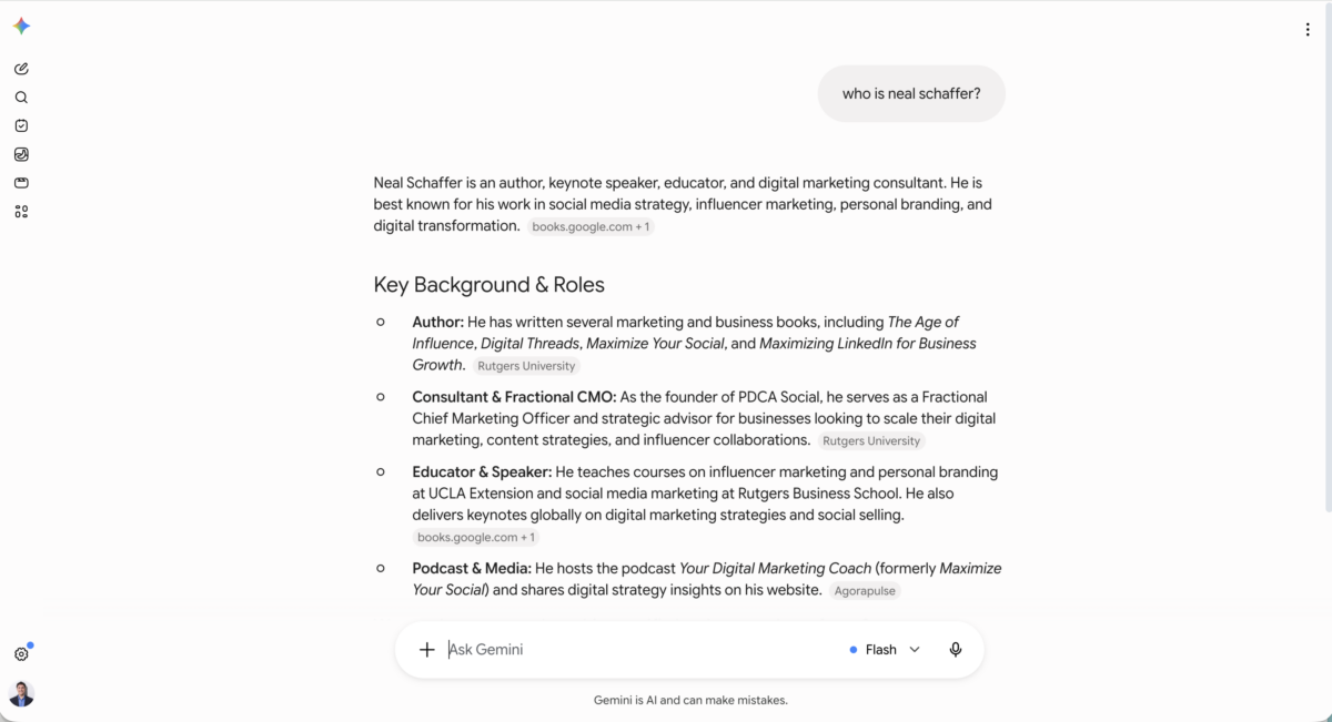 Google Gemini answering the question who is Neal Schaffer, with a Key Background and Roles breakdown listing his books, his Fractional CMO work at PDCA Social, his teaching at UCLA Extension and Rutgers Business School, and the Your Digital Marketing Coach podcast.