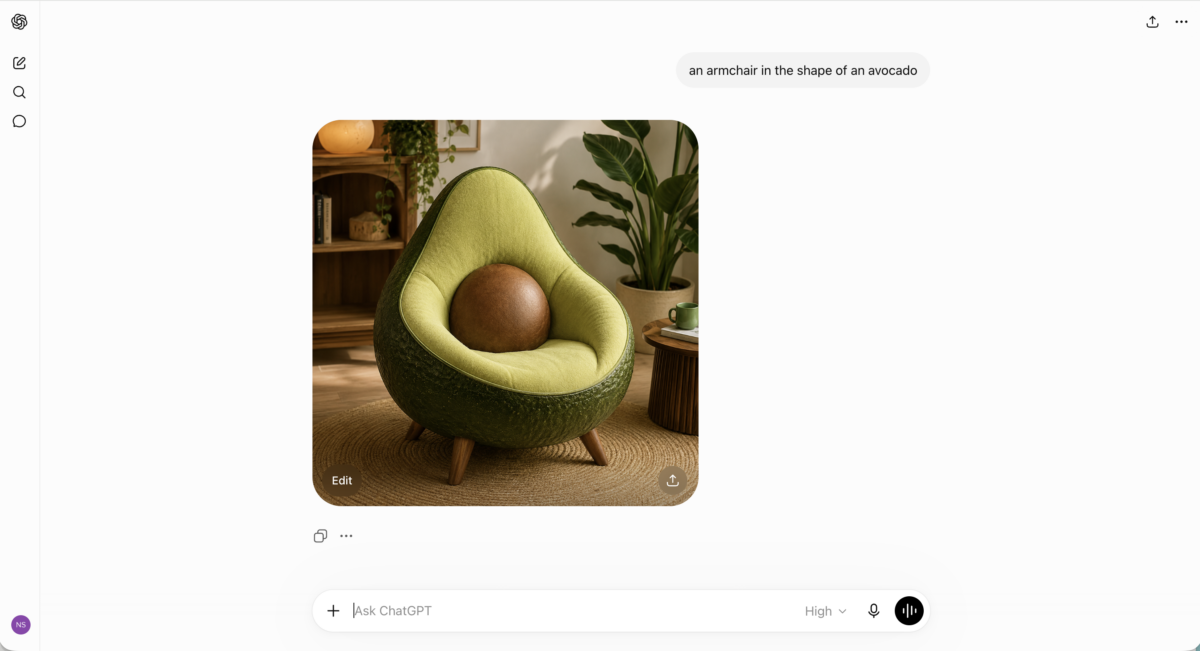 ChatGPT Images generating an armchair shaped like a halved avocado from the prompt "an armchair in the shape of an avocado," rendered in a styled living room with a plant and side table.