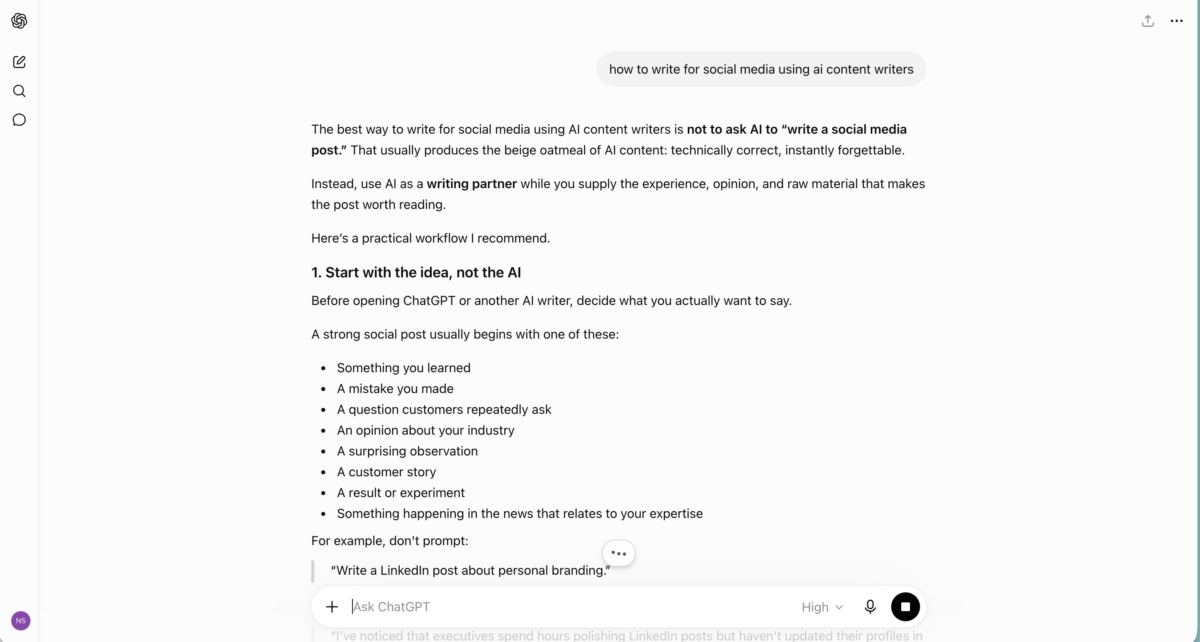 ChatGPT answering the prompt "how to write for social media using AI content writers" with a step-by-step workflow that starts with the idea rather than the AI