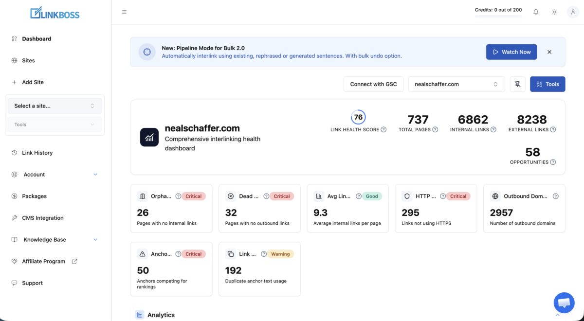 LinkBoss link health dashboard for nealschaffer.com showing a score of 76 across 737 pages, with 26 orphan pages and 32 dead-end pages flagged critical.