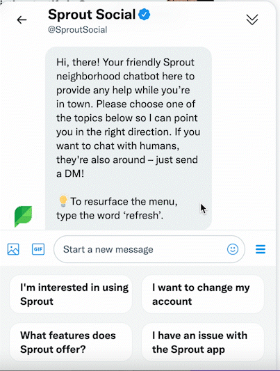 Sprout Social example of a direct messaging chatbot on Twitter