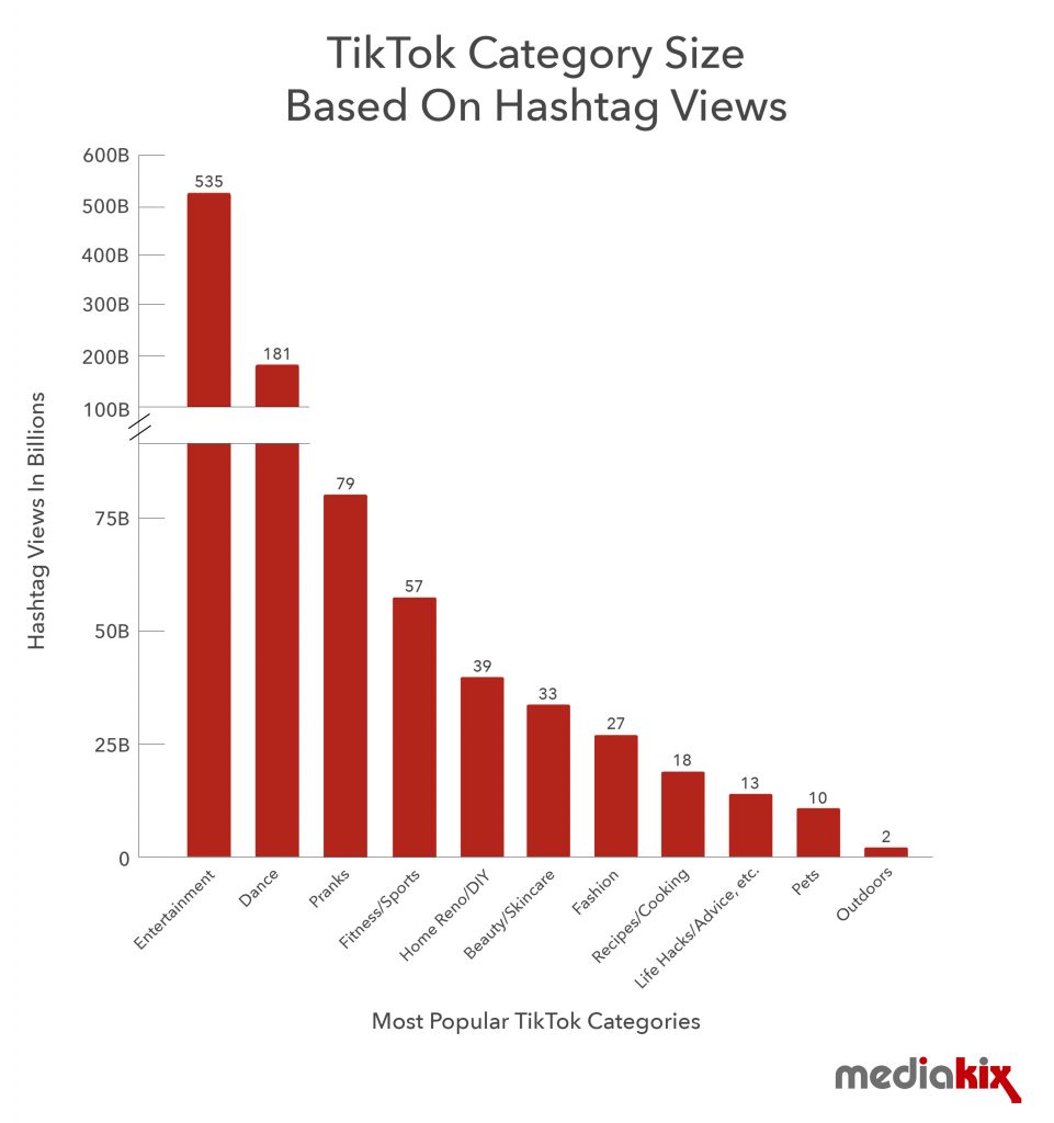 most popular tiktok content categories based on number of hasthag views infographic by mediakix