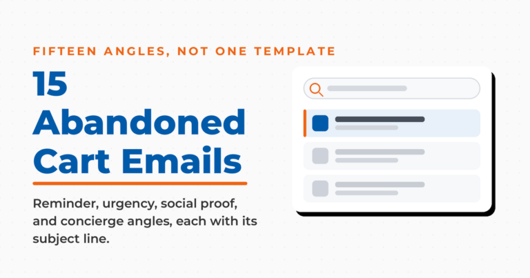 Featured graphic titled "15 Abandoned Cart Emails," with an inbox panel showing one highlighted message, and a note that the templates cover reminder, urgency, social proof, and concierge angles, each with its subject line.