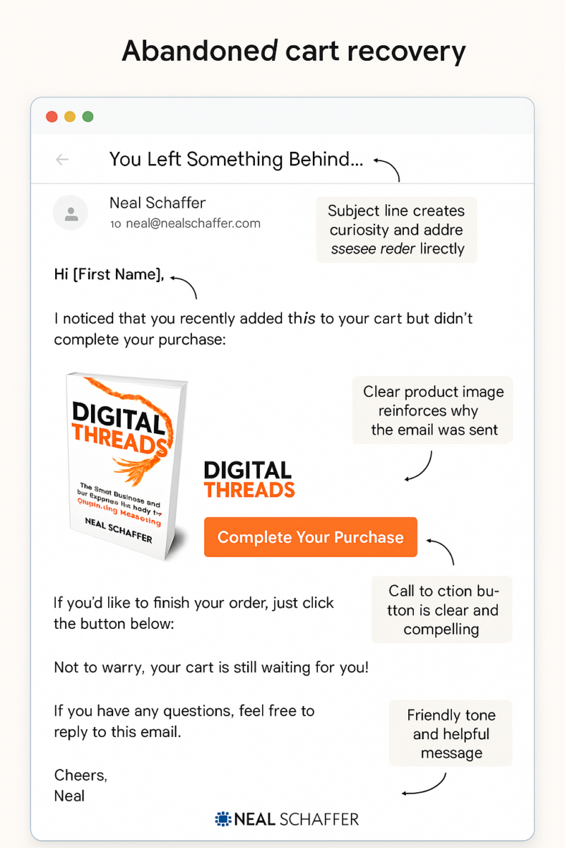 sample abandoned cart recovery email for Neal Schaffer's Digital Threads book on digital marketing