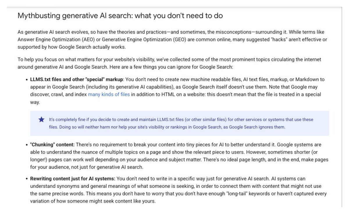 Google Search Central documentation naming answer engine optimization and generative engine optimization directly, and listing llms.txt files and content chunking among the things site owners can ignore.