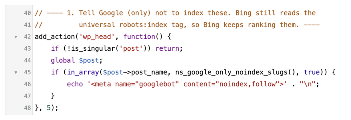 A WordPress snippet emitting a no index meta tag scoped to the google bot user agent rather than to robots, leaving other crawlers and AI assistants able to index the page. The slug list the snippet reads is outside the frame.