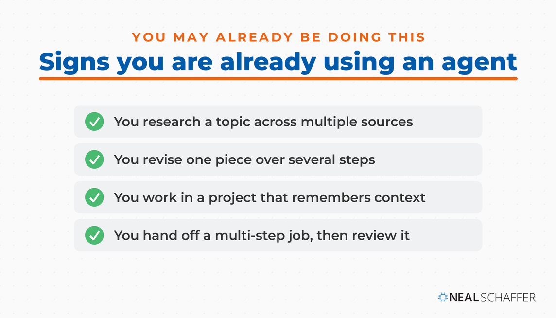 Checklist of four everyday behaviors that already count as using a semi-autonomous AI agent, including researching across sources and handing off a multi-step job to review.