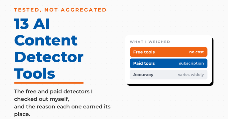 Featured graphic reading 13 AI Content Detector Tools with a panel listing what was weighed: free tools, paid tools, and accuracy.