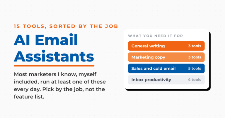 Featured graphic reading AI Email Assistants, with the 15 tools sorted by job: 3 for general writing, 3 for marketing copy, 5 for sales and cold email, and 4 for inbox productivity.