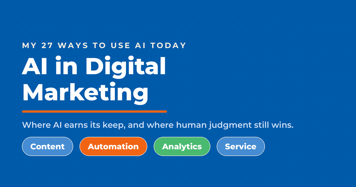 Inverted blue featured graphic titled "AI in Digital Marketing," with a kicker reading "my 27 ways to use AI today" and pills for content, automation, analytics, and service.