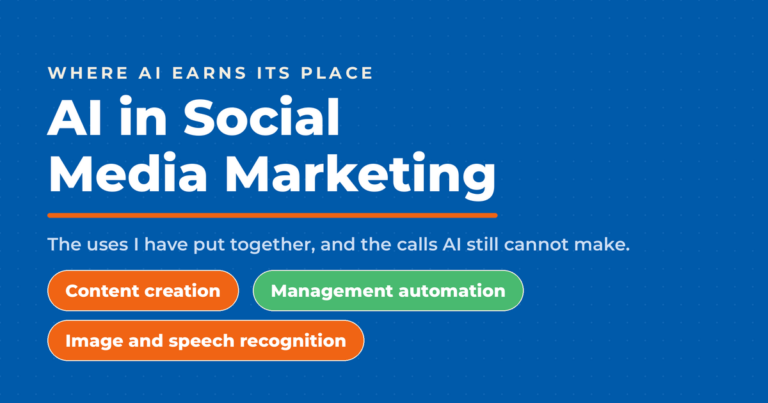 Blue featured graphic reading “AI in Social Media Marketing,” with pills for content creation, management automation, and image and speech recognition.