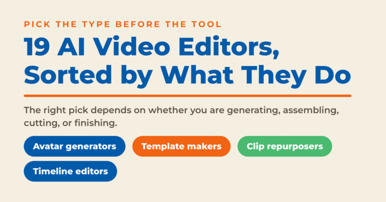 AI video editors sorted into four types: avatar generators, template makers, clip repurposers, and timeline editors