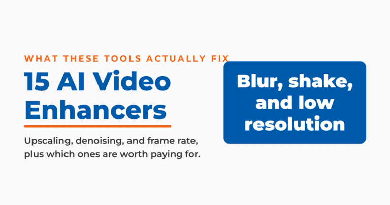Featured graphic titled "15 AI Video Enhancers," with an answer panel reading blur, shake, and low resolution.