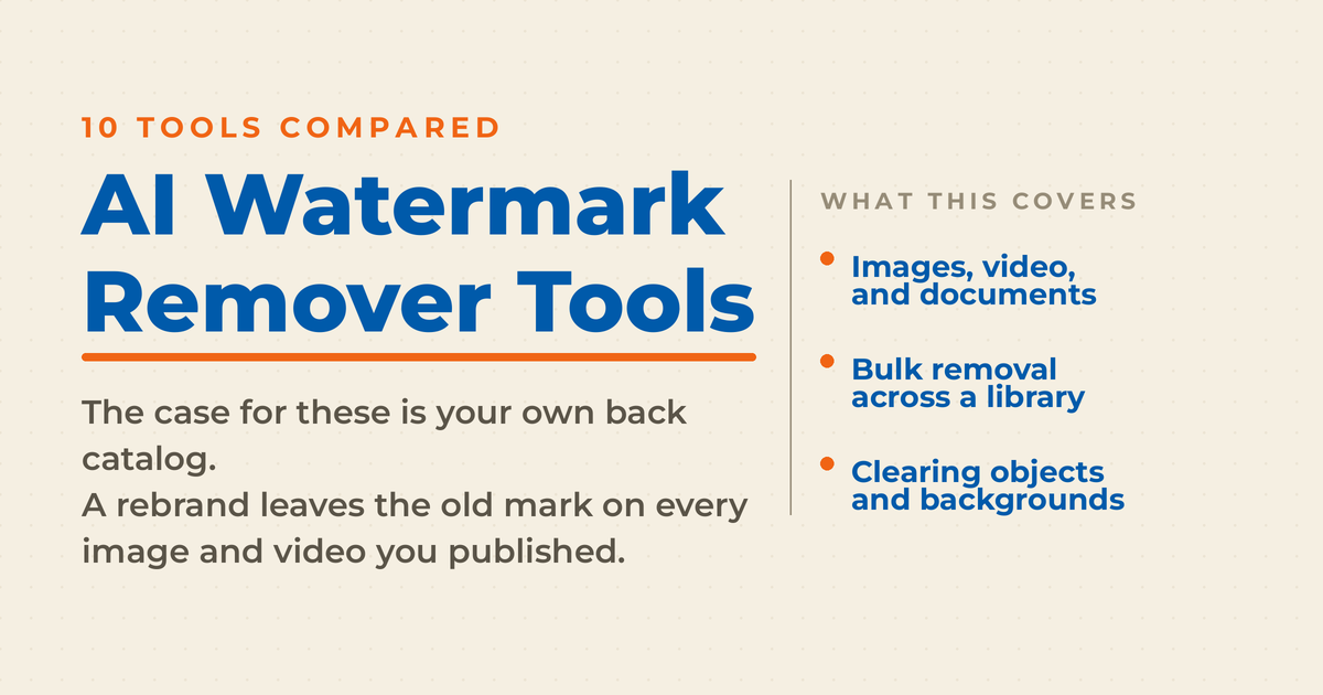 Featured graphic titled AI Watermark Remover Tools, with a what's-inside list: images and video and documents, bulk removal, and clearing objects and backgrounds.