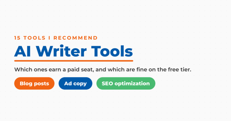 Featured graphic reading “AI Writer Tools,” 15 tools Neal recommends, with pills for blog posts, ad copy, and SEO optimization.