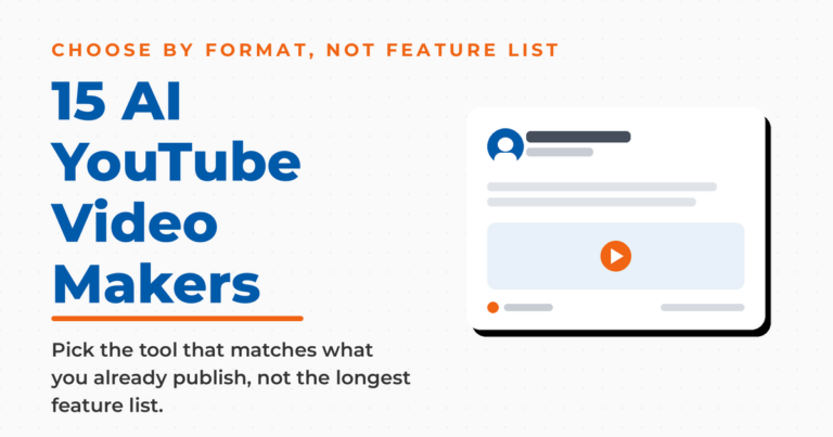 Featured graphic titled "15 AI YouTube Video Makers," with a video post preview and the advice to pick the tool that matches what you already publish, not the longest feature list.