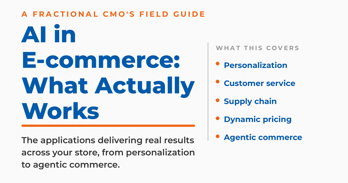 Featured graphic titled "AI in E-commerce: What Actually Works" with the kicker "A Fractional CMO's Field Guide." Subcopy describes the applications delivering real results across a store, from personalization to agentic commerce. A what-this-covers list shows personalization, customer service, supply chain, dynamic pricing, and agentic commerce.