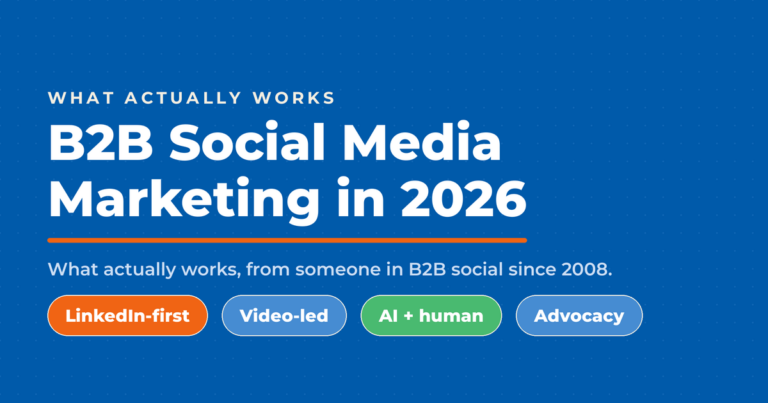 Neal Schaffer featured graphic on blue, "B2B Social Media Marketing in 2026," with the strategy pills LinkedIn-first, video-led, AI plus human, and advocacy.