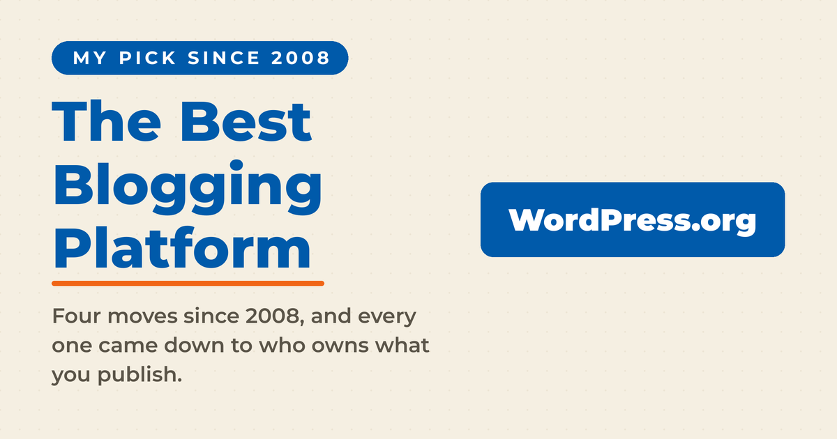 Card reading "The Best Blogging Platform" with WordPress.org shown as the answer, under a kicker reading "My pick since 2008".
