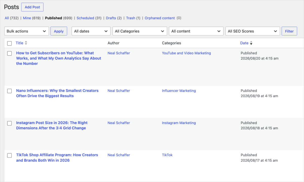 WordPress All Posts screen for nealschaffer.com with the Published filter active, showing 699 published posts.